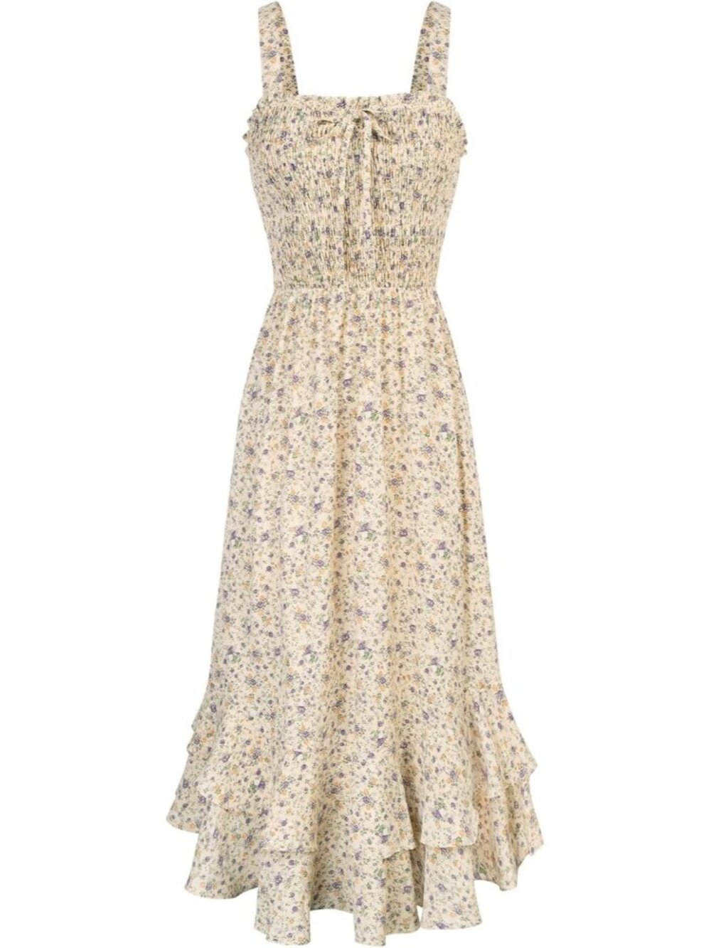 Women's Summer Floral Boho Dress Light Yellow Square Neck Strapped Swing A Line
